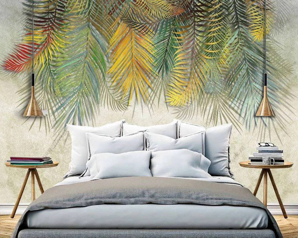 Фотообои в интерьере разноцветные листья пальмы  10-765 фото