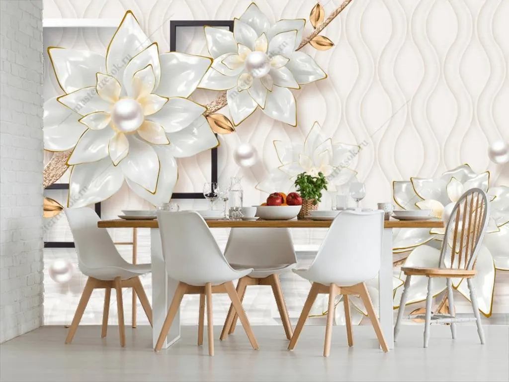 Фотообои в интерьере 3д геометрия с цветами  10-648 фото