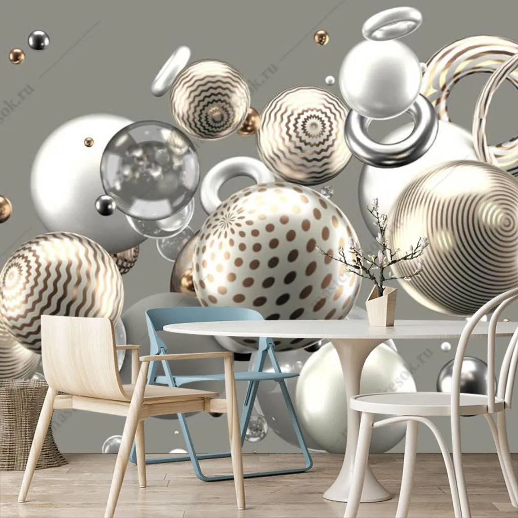 Фотообои в интерьере 3д серебряные шары  10-827 фото