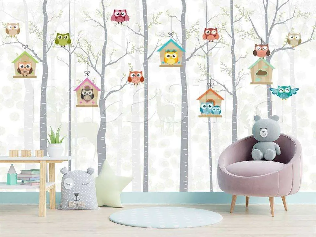 Фотообои в интерьере совята в лесу  15-083 фото