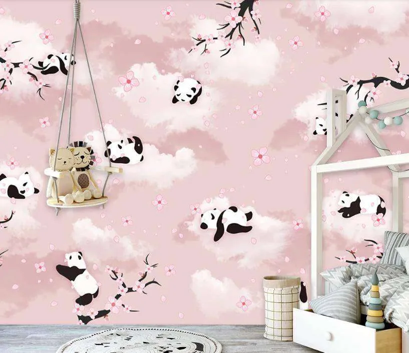 Фотообои в интерьере панды в розовом небе  15-067 фото