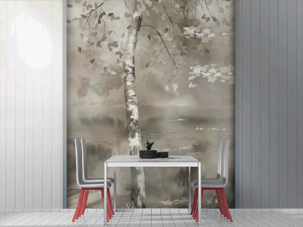 Фотообои в интерьере береза акварелью  13-293 фото