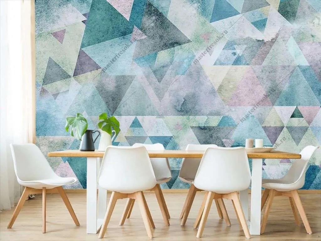 Фотообои в интерьере бирюзовые треугольники фон  10-954 фото