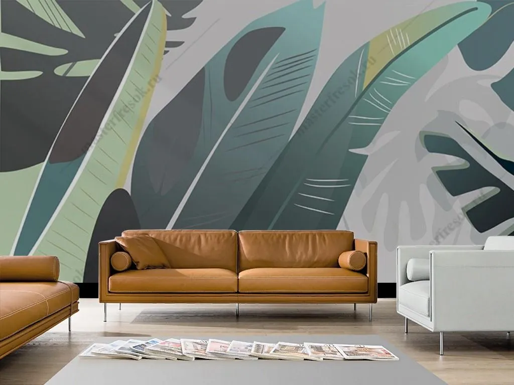 Фотообои в интерьере иллюстрация тропические листья  9-1813 фото