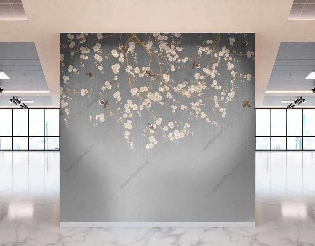 Фотообои в интерьере веточка сакуры и птицы  9-1481 фото