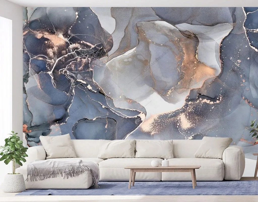 Фотообои в интерьере бронзовые переливы на серо-синем фоне  9-1650 фото