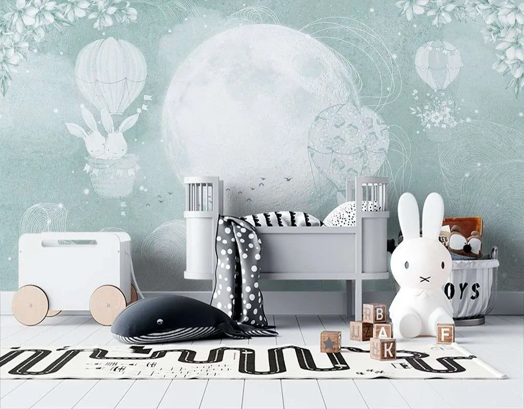 Фотообои в интерьере детские. зайки летят на шариках  12-1625 фото