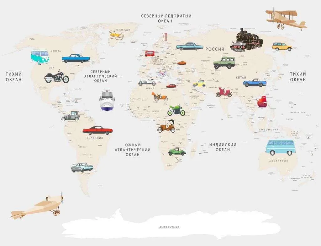 Фотообои в интерьере детская карта мира с машинками  14-285 фото
