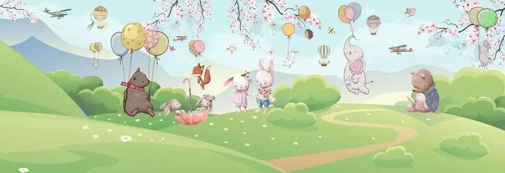 Фотообои в интерьере зверята с шарами на поляне  12-1208 фото