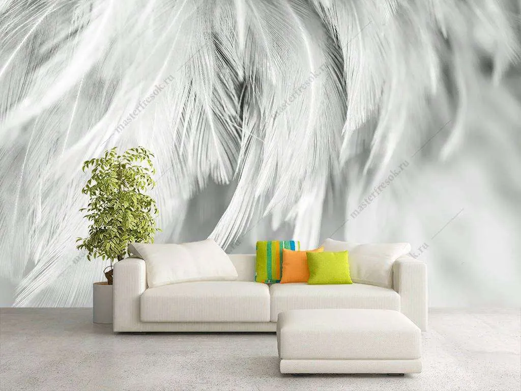 Фотообои в интерьере фон из белых перьев  9-1223 фото