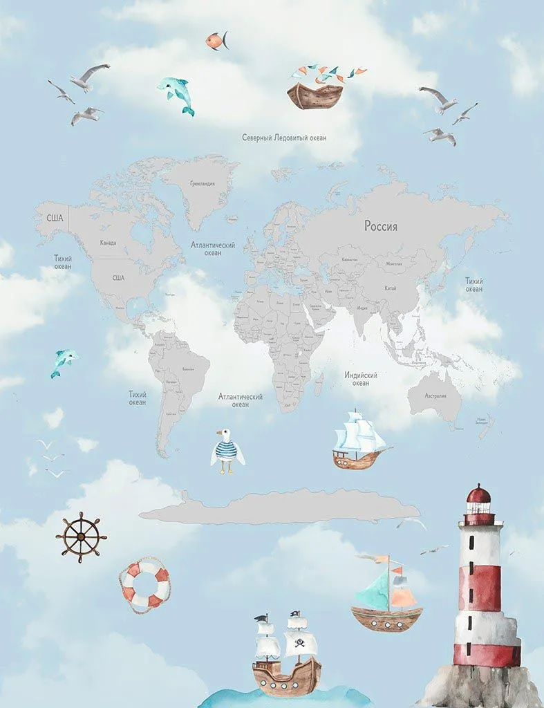 Фотообои в интерьере карта детская и маяк  14-684 фото