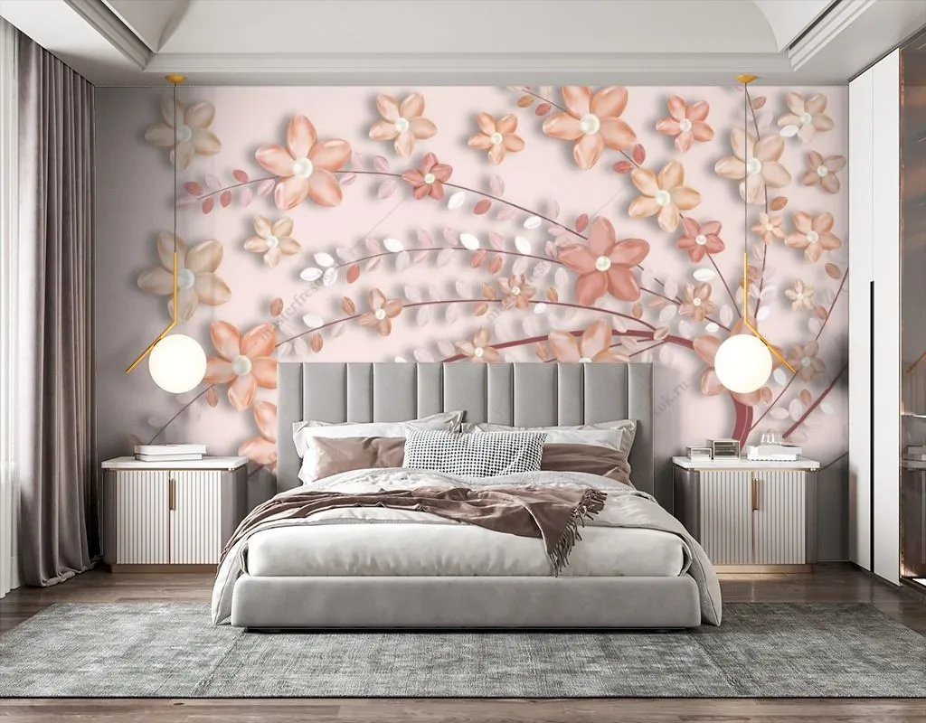 Фотообои в интерьере объёмное дерево с цветами  14-633 фото