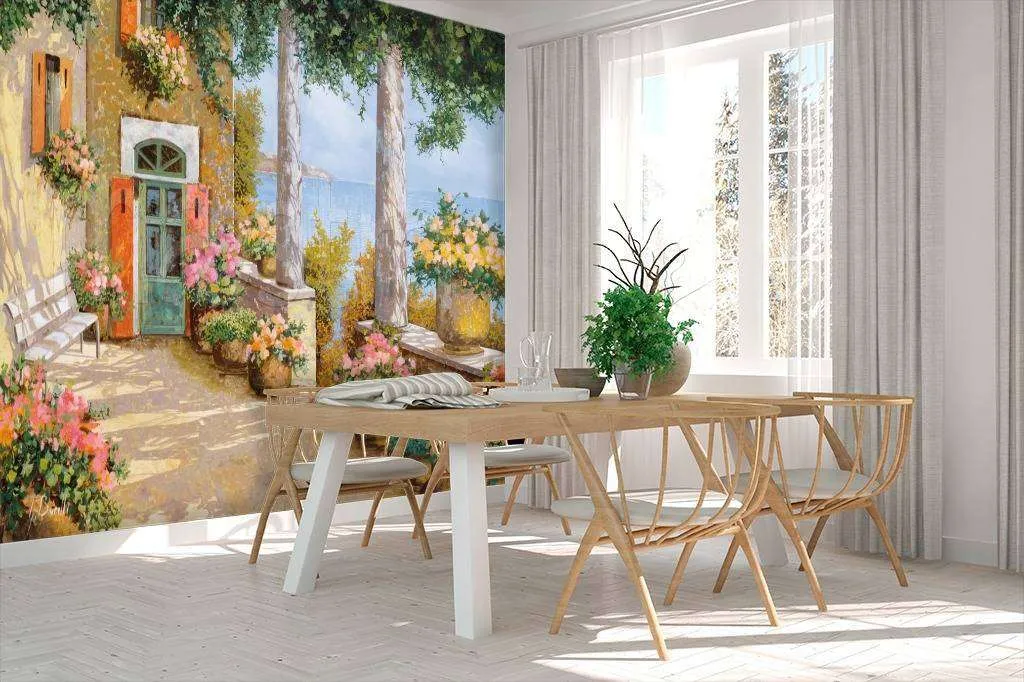 Фотообои Дворик с красивыми цветами и видом на море  8-078