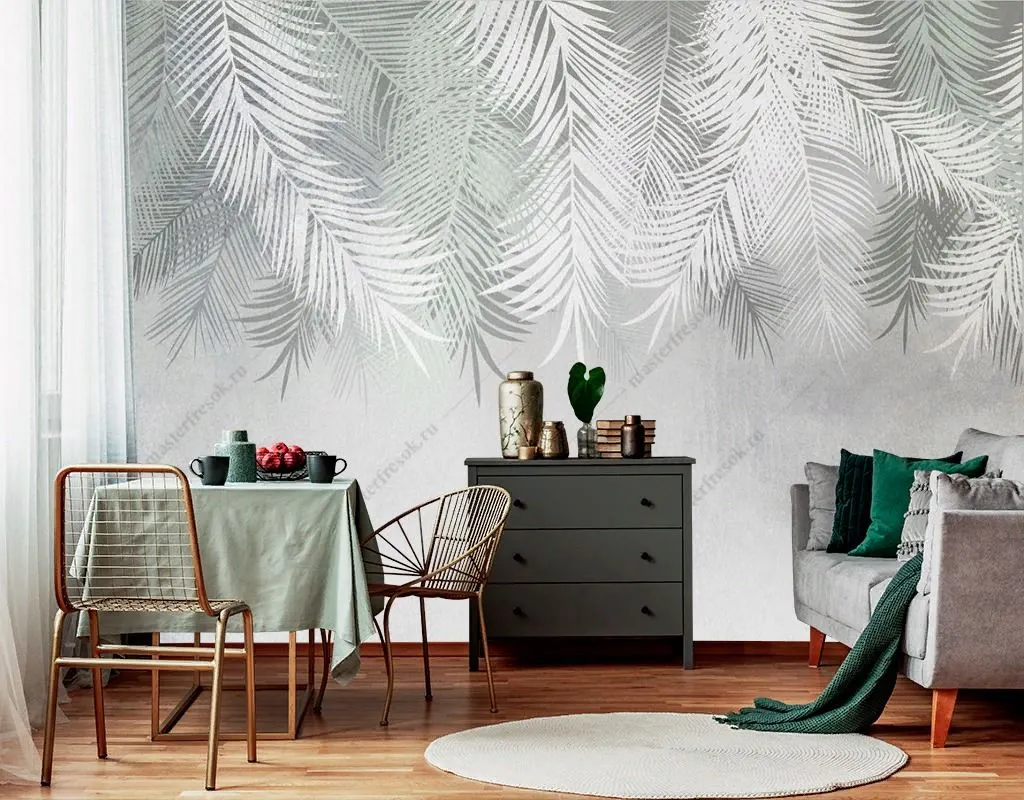 Фотообои в интерьере серые пальмовые листья сверху  9-1817 фото