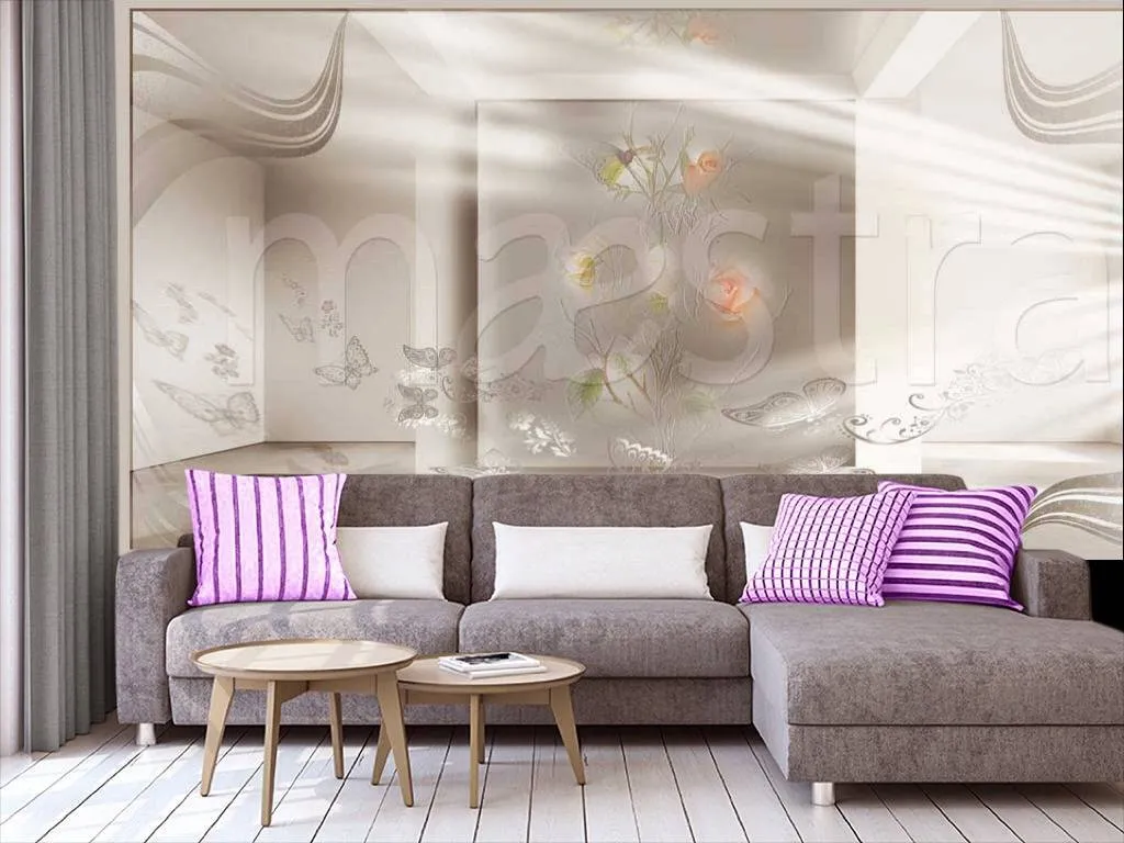 Фотообои в интерьере 3д бабочки и цветы на сером фоне  7-269 фото