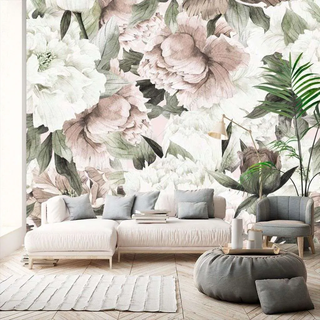 Фотообои в интерьере пудровые пионы  14-562 фото