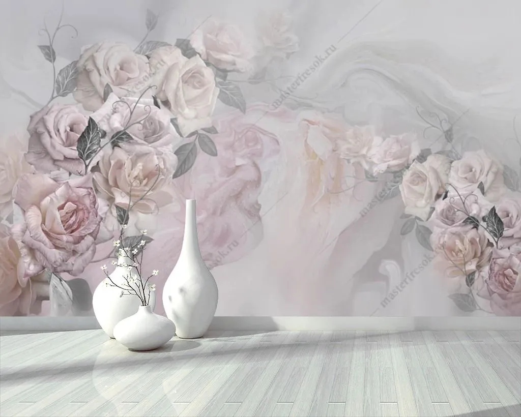 Фотообои в интерьере пастельные розы  13-371 фото