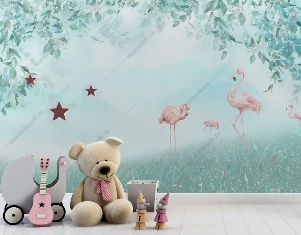 Фотообои в интерьере фламинго на волшебной поляне  12-1463 фото