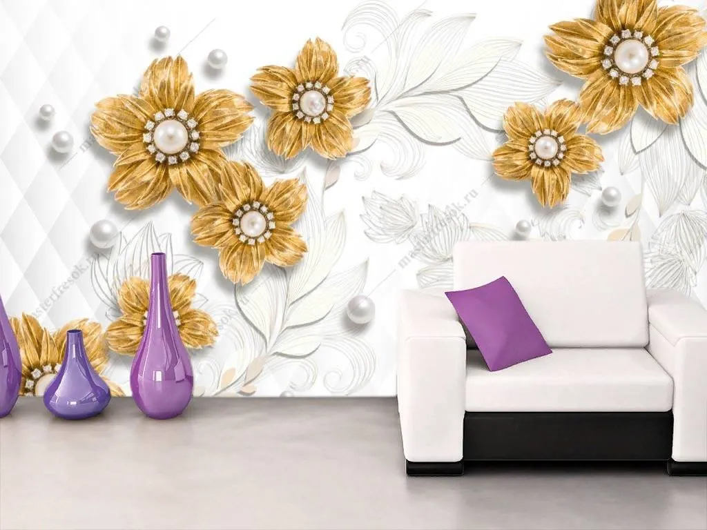 Фотообои в интерьере 3д позолоченные цветы  10-860 фото