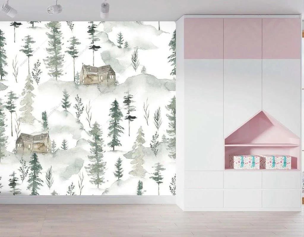 Фотообои в интерьере лесной фон с домиками  12-1496 фото