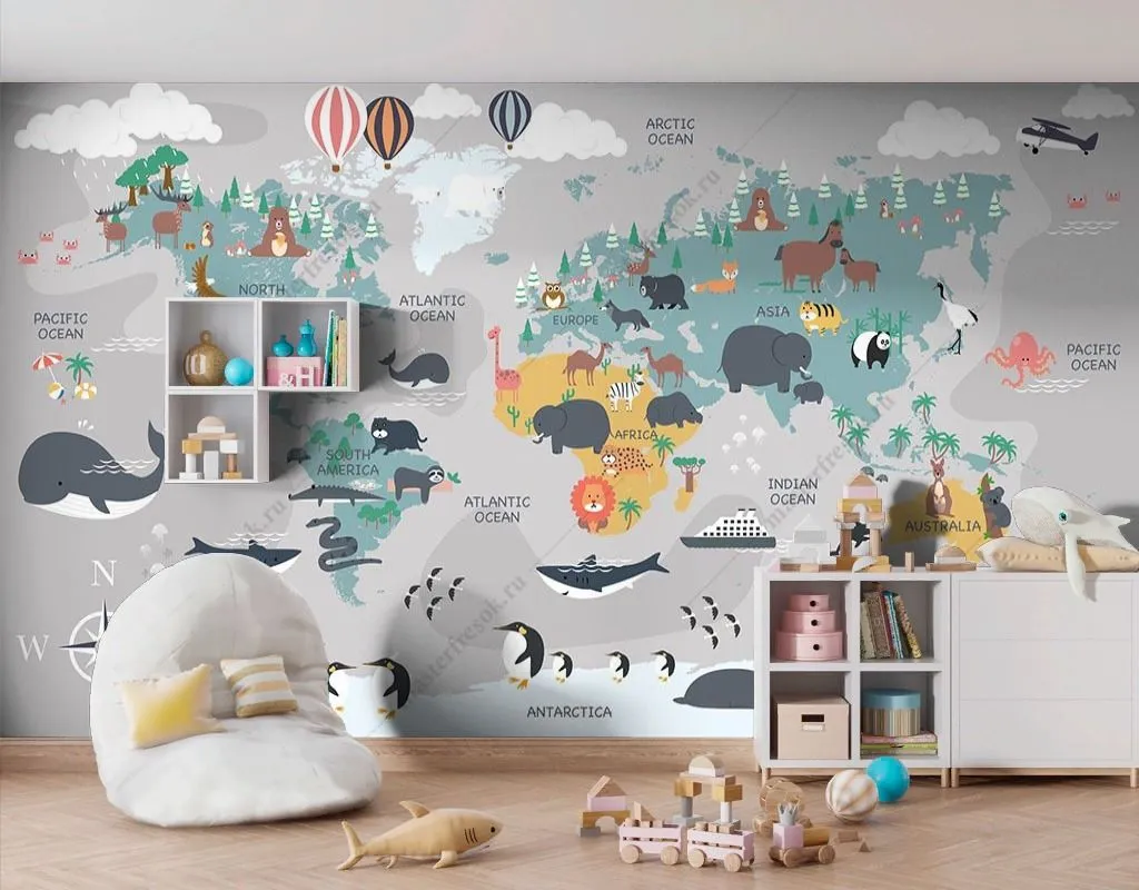 Фотообои в интерьере карта с морскими животными  14-558 фото