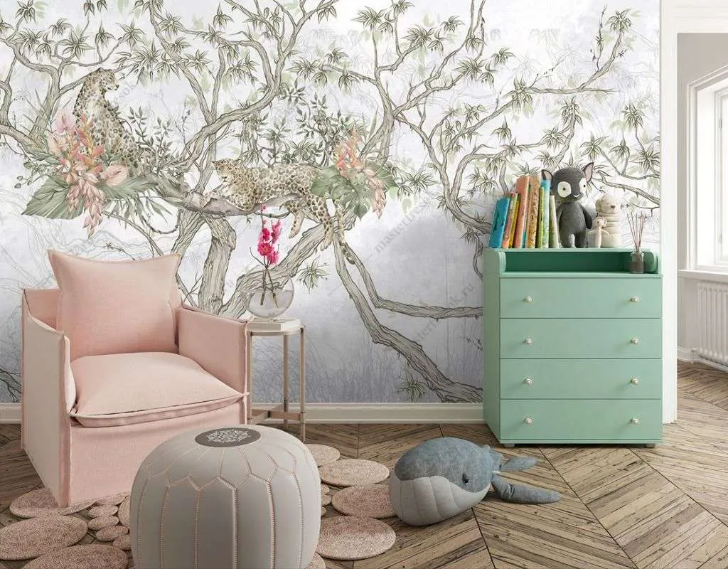 Фотообои в интерьере леопарды китайская живопись  14-448 фото