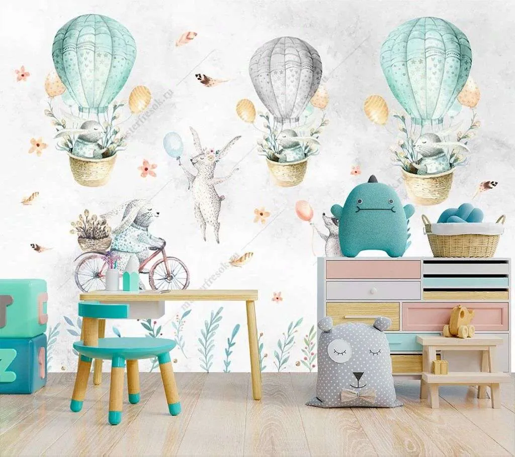 Фотообои в интерьере зайчики на воздушном шаре  14-226 фото