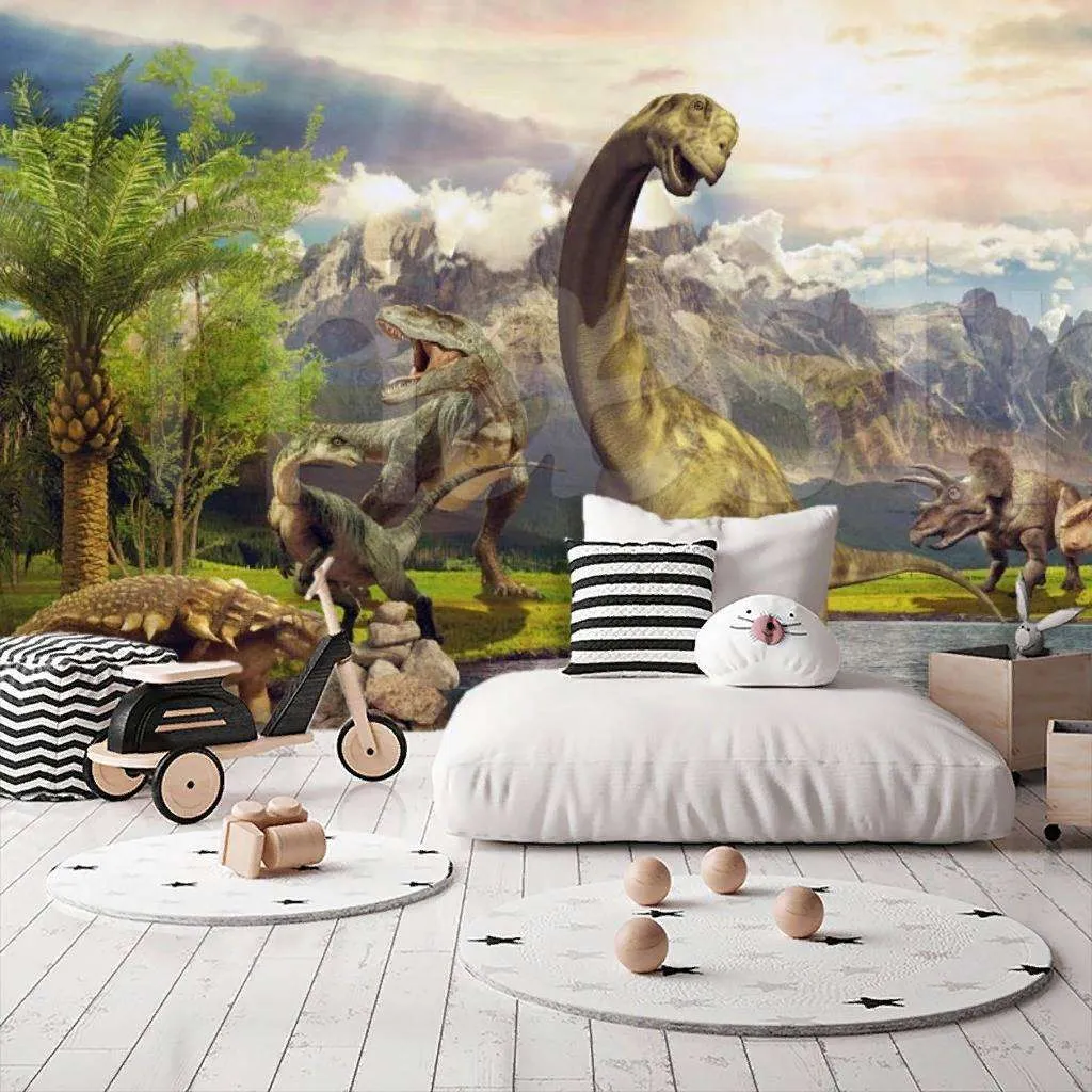 Фотообои в интерьере динозавры у озера  12-380 фото