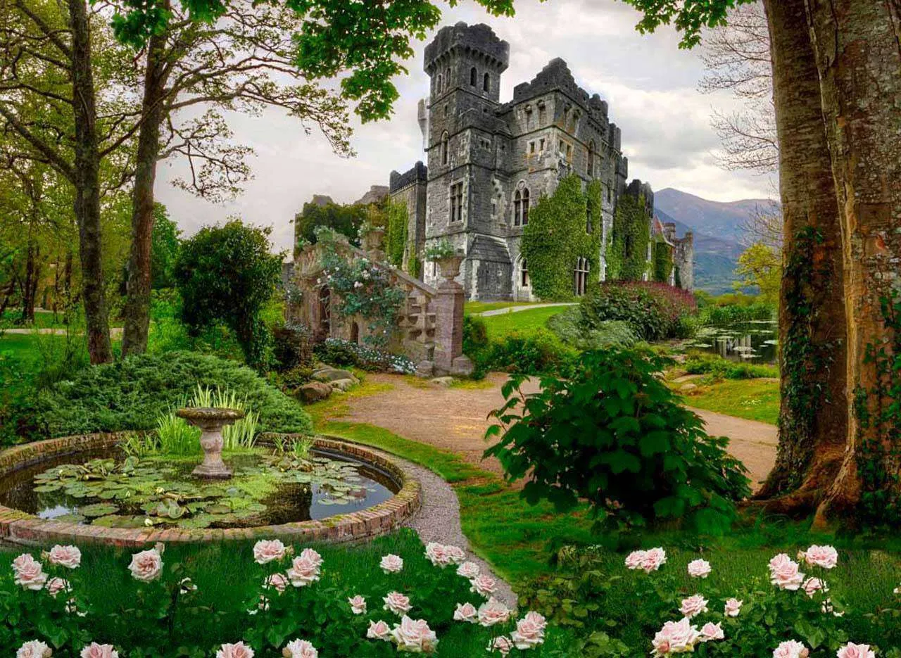 Фотообои в интерьере древний замок с прудом  5-056 фото