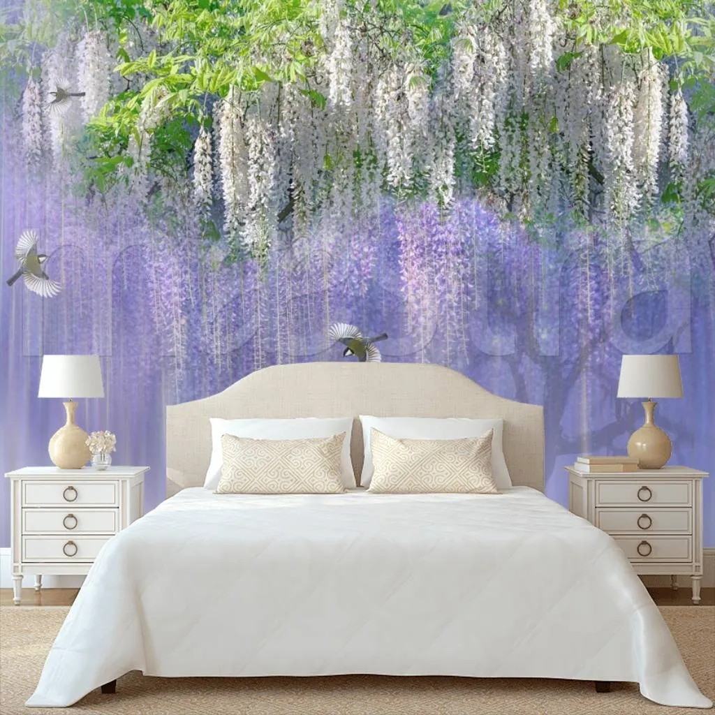 Фотообои в интерьере сиреневое цветущее дерево  7-910 фото