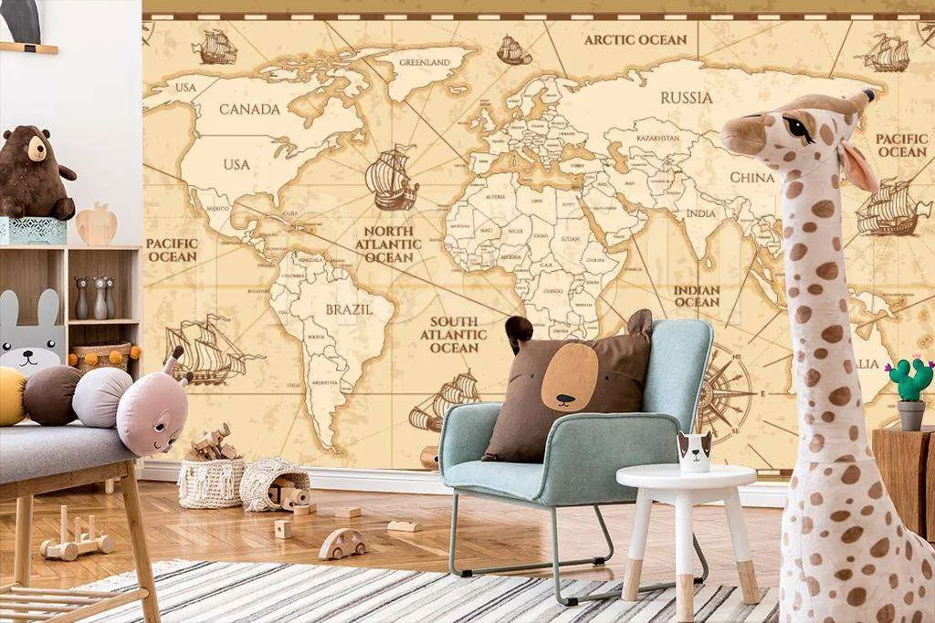 Фотообои в интерьере детская карта на коричневом фоне со странами  12-394 фото