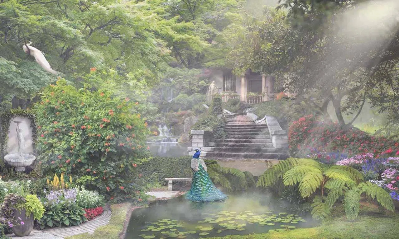 Фотообои в интерьере парки и сады с павлином  7-165 фото