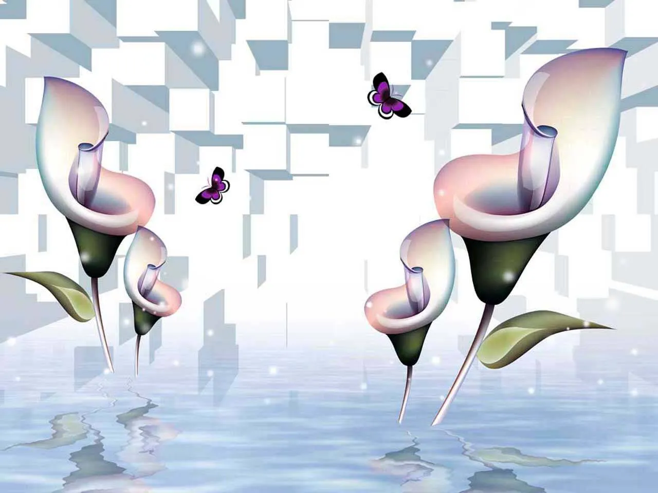 Фотообои в интерьере 3д каллы на воде  10-391 фото