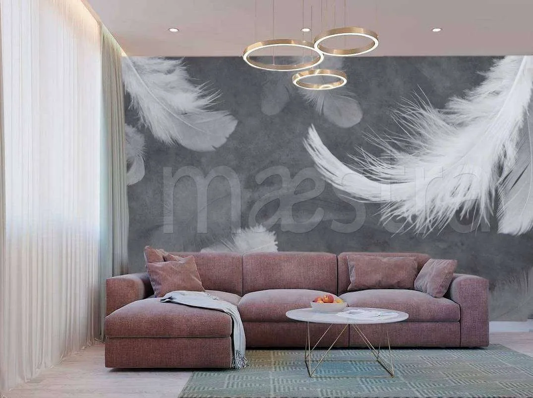 Фотообои в интерьере белые перья на сером  15-509 фото