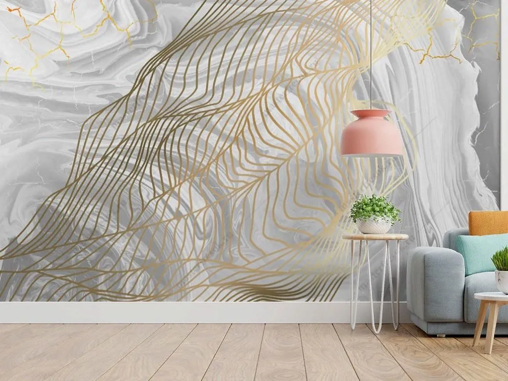 Фотообои в интерьере в спальню золотые линии на мраморе  9-1854 фото
