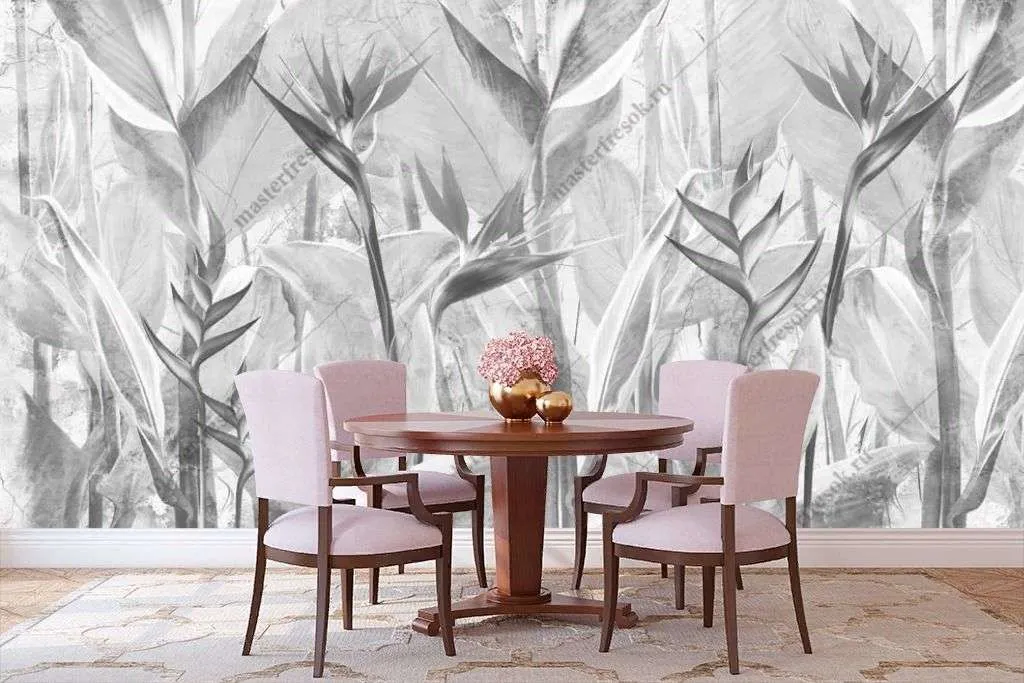 Фотообои в интерьере черно-белые тропические листья  10-959 фото