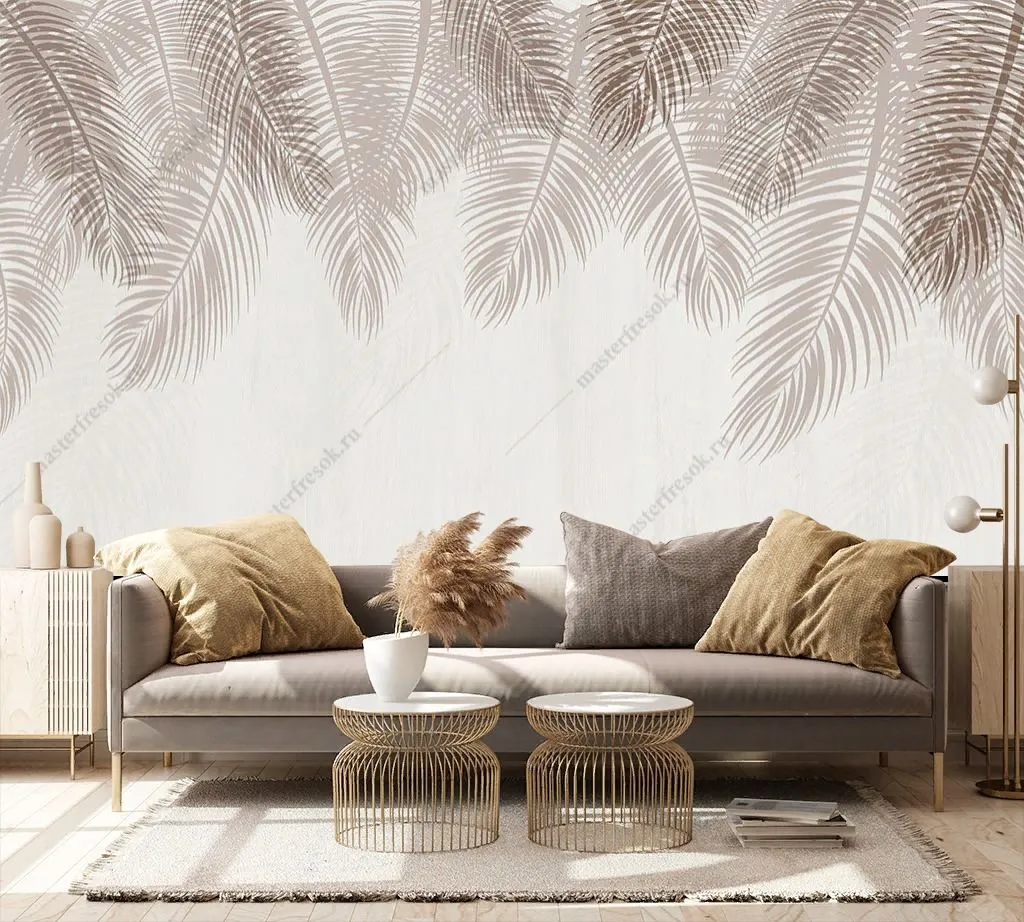 Фотообои в интерьере листья сверху бежевые  9-1756 фото