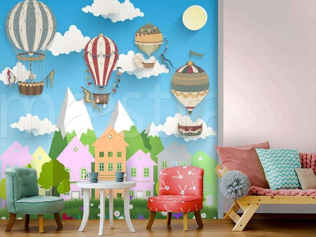 Фотообои в интерьере город с воздушными шарами  7-622 фото