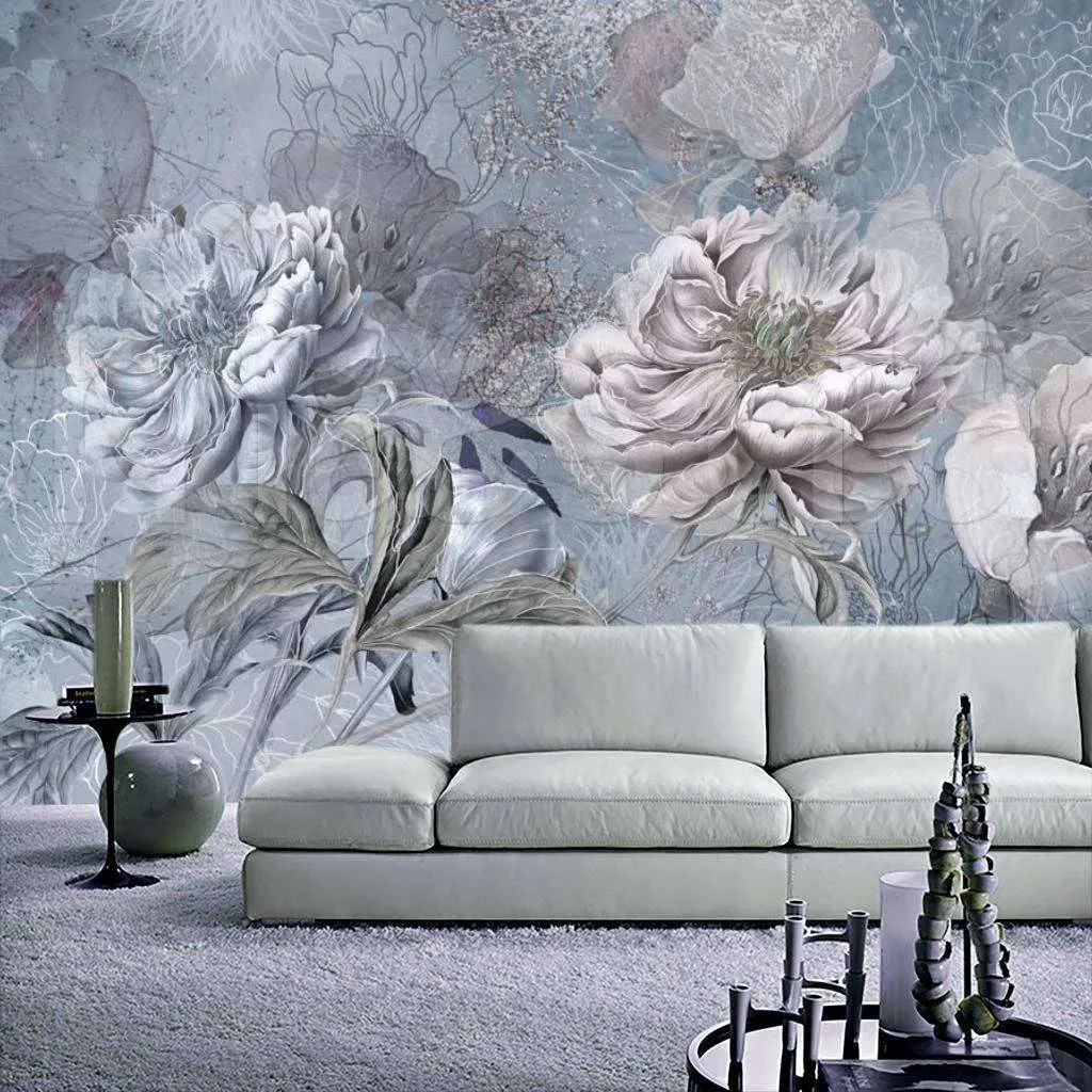 Фотообои в интерьере пионы на синем фоне  7-870 фото