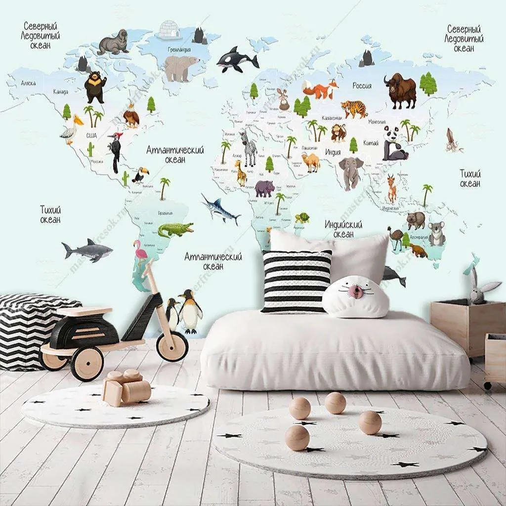 Фотообои в интерьере карта мира для детей  12-1152 фото