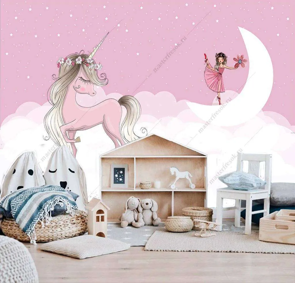 Фотообои Бесшовные обои на стену:  Единорог и балерина. Артикул: 12-874  