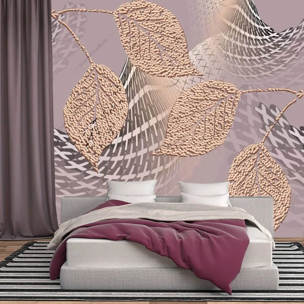 Фотообои в интерьере 3д золотые листья  10-834 фото