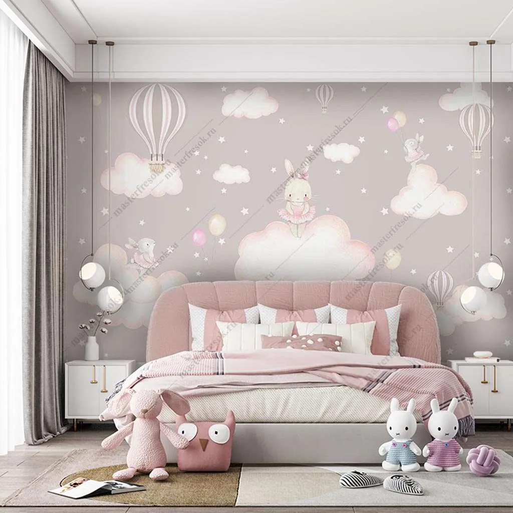 Фотообои Бесшовные обои на стену:  Зайки на облачках. Артикул: 14-194  