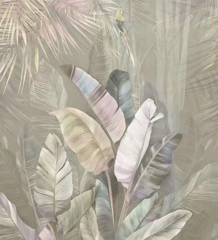 Фотообои в интерьере банановые листья и птица на сером фоне  14-622 фото