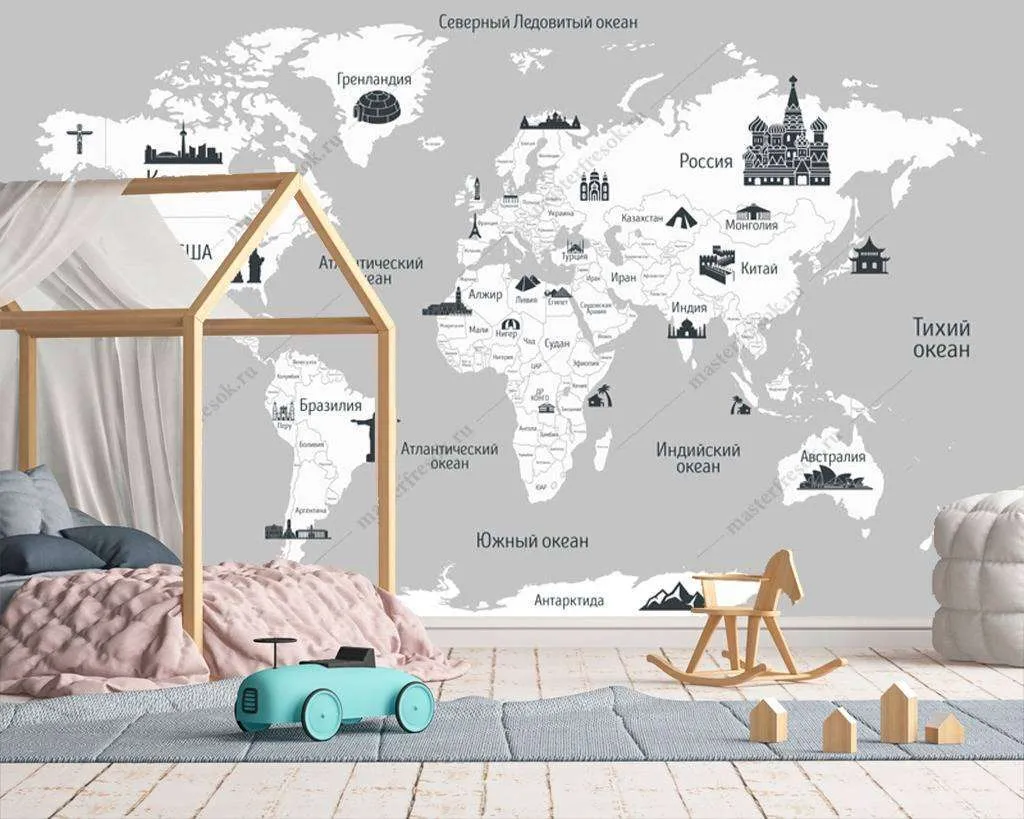 Фотообои в интерьере карта в детскую  12-981 фото