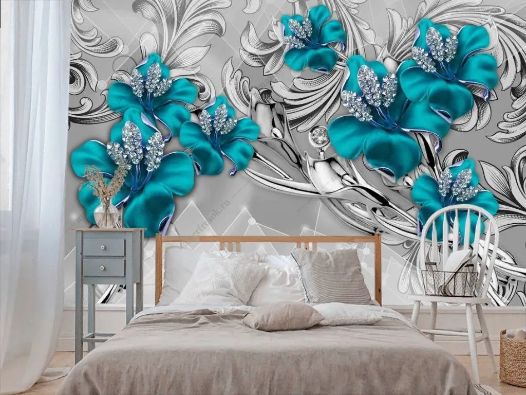 Фотообои в интерьере 3д драгоценные цветы  10-854 фото