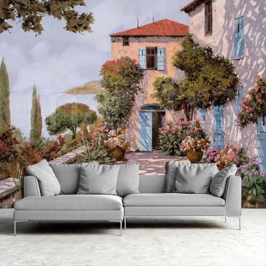 Фотообои в интерьере уютный солнечный дворик с видом на море  8-080 фото