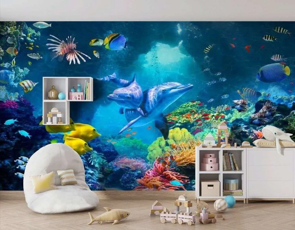 Фотообои в интерьере подводный мир с дельфинами  17-6702 фото