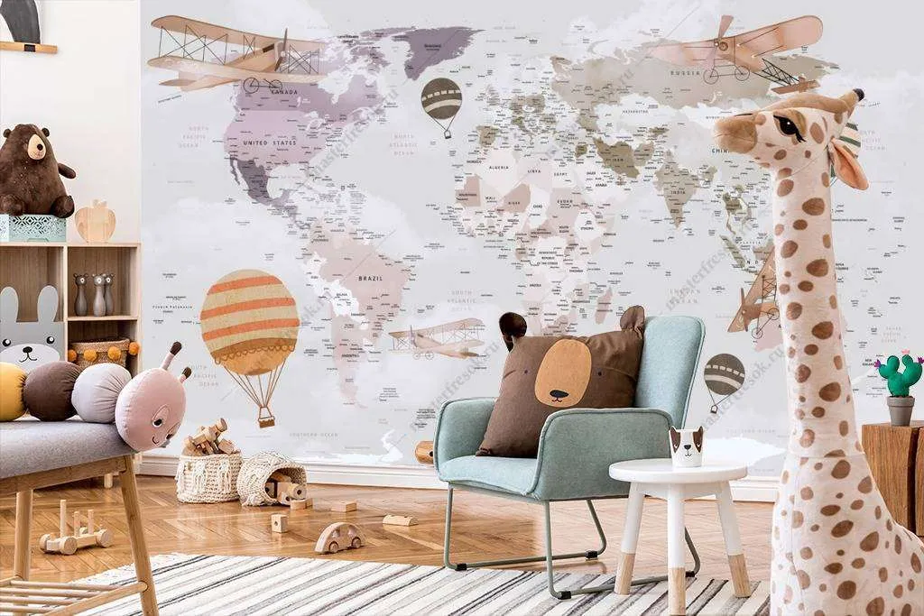 Фотообои в интерьере карта мира и самолеты  12-771 фото