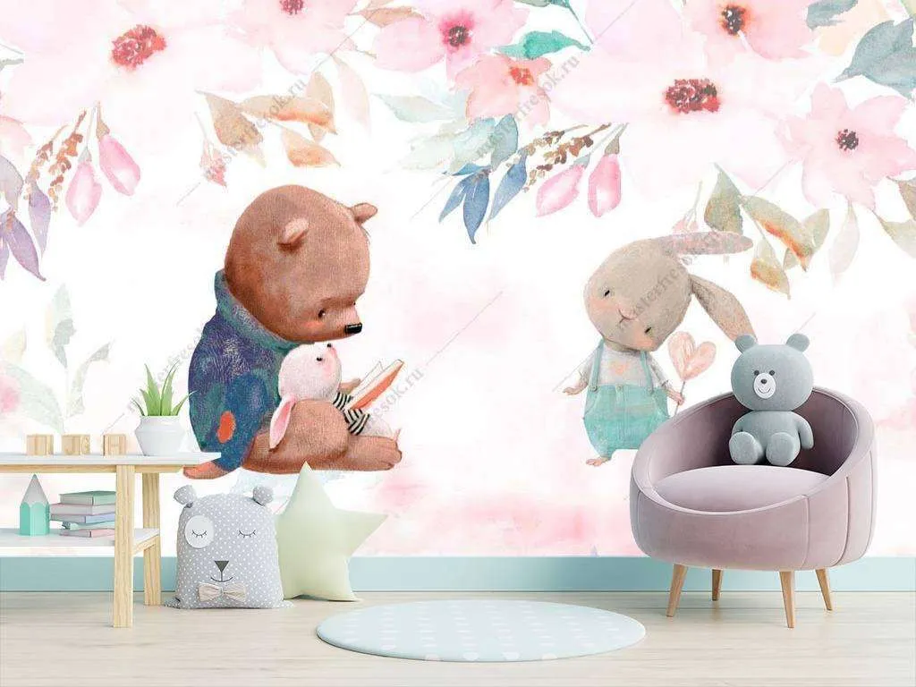 Фотообои в интерьере медвежонок и зайка  14-018 фото